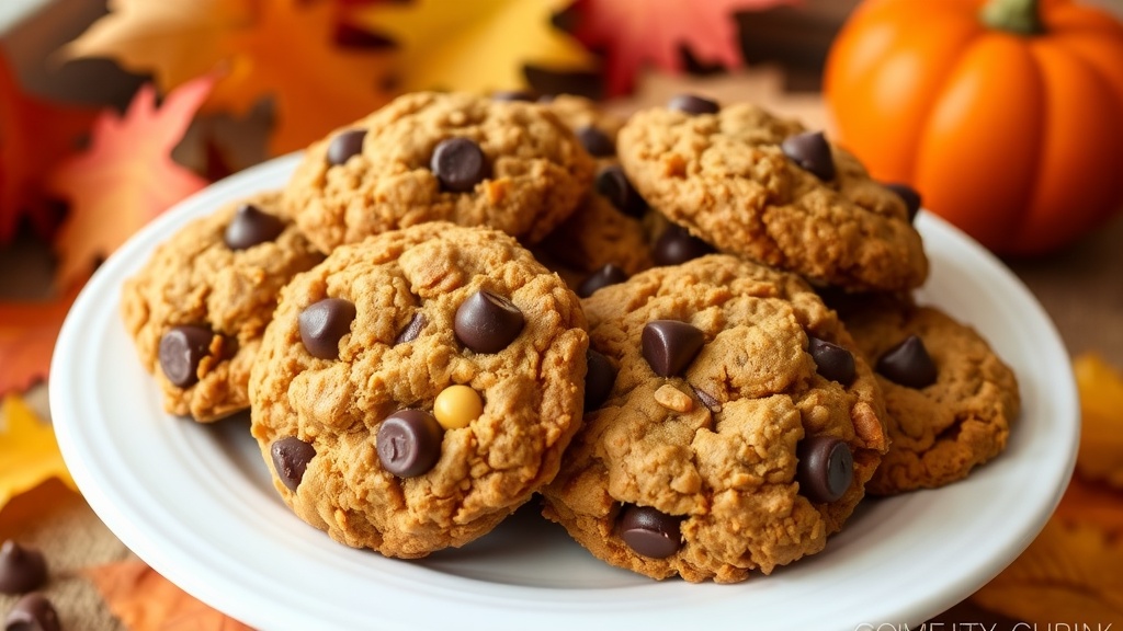 A plate of gluten-free pumpkin oatmeal cookies with chocolate chips, set in a cozy kitchen with autumn decor.